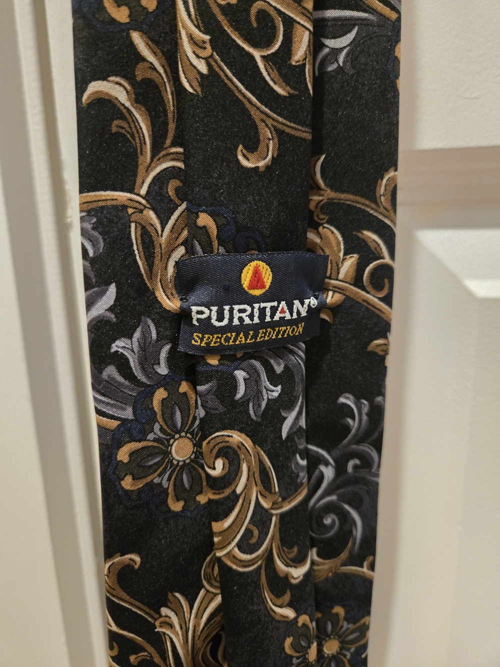 Puritan Black Tie with Gold and Gray Floral Scrolls